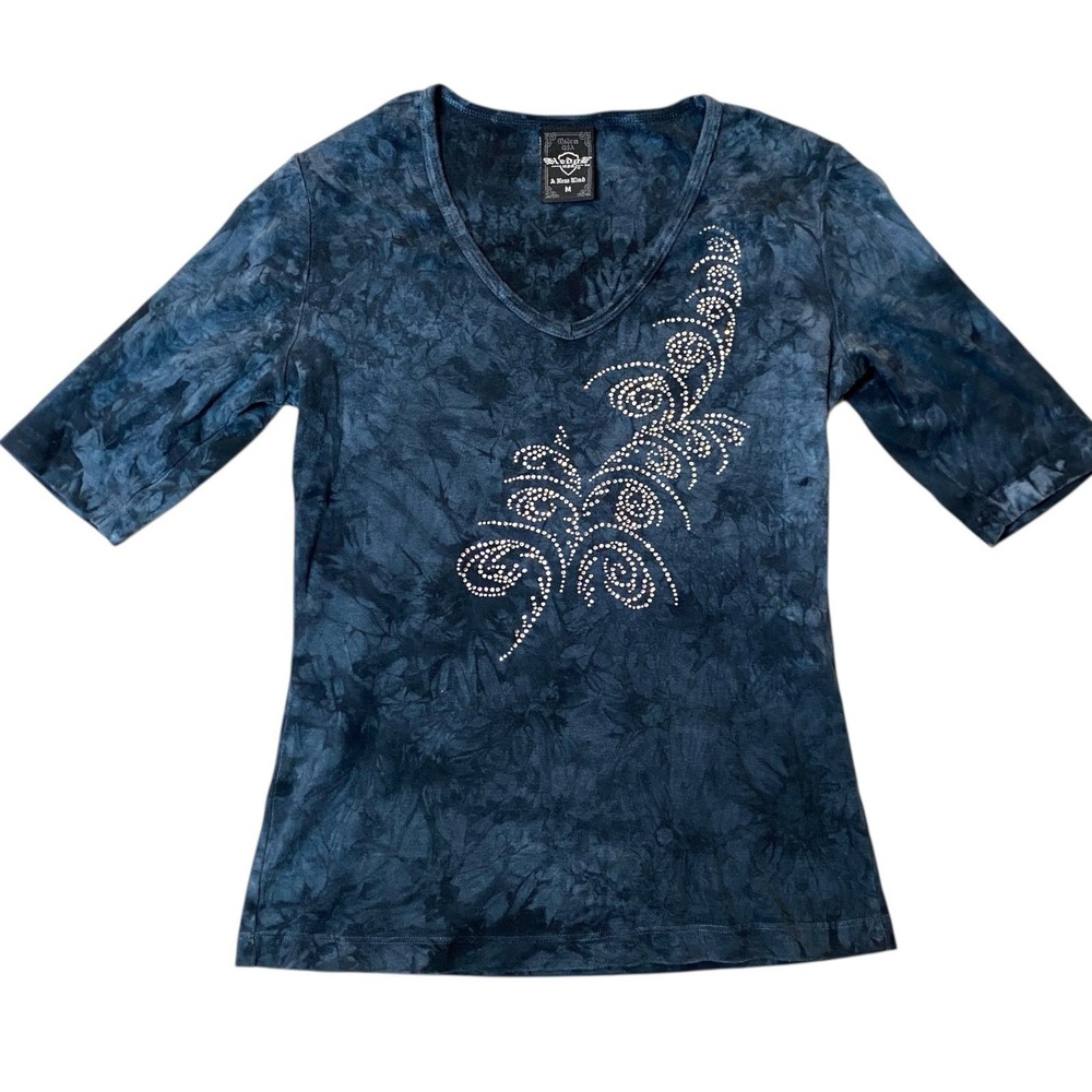 Vintage Sledge USA Tie Dye T-Shirt Womens M Blue Whimsigoth Edgy Rhinestones Y2K